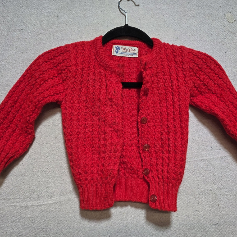 Vintage Red Cardigan Sweater 1960s Blue Bird Toddler.